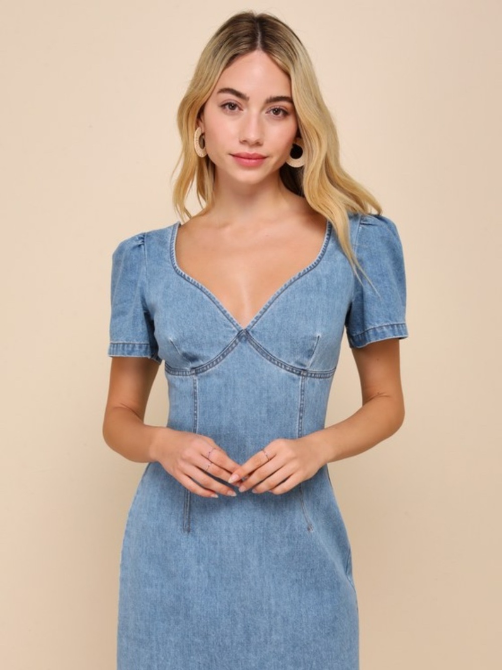 Lulus Dreamy Stroll Medium Wash Short Sleeve Denim Mini Dress Blue - Size XS